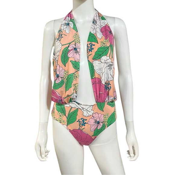 AFRM Spring Blush Bouquet Rosa Cross Halter Plunge Neck Bodysuit, M - Picture 7 of 10